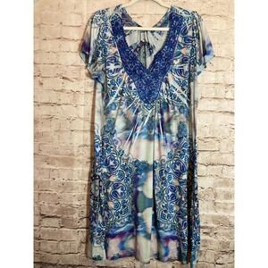 Apt. 9 Boho Dress Womens 1X Cobalt Blue Paisley Crochet Trim Studded Hippie Plus